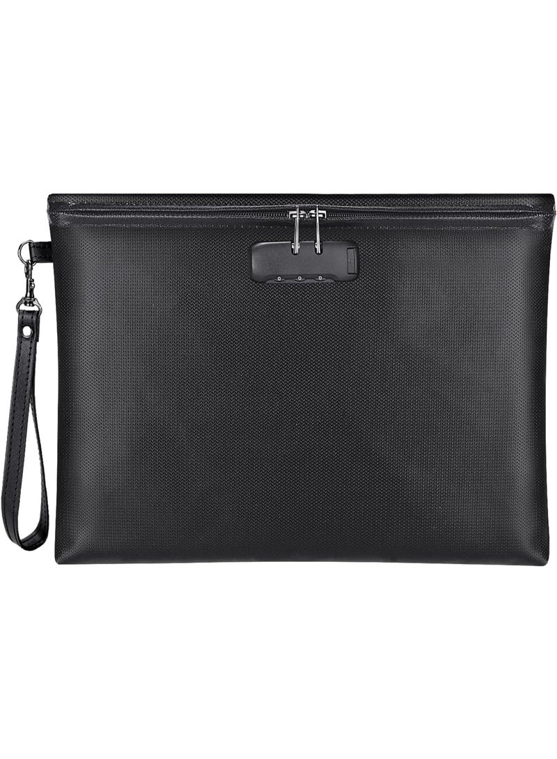 Fireproof Waterproof Document Bag with Lock, 14.3x10.2 Inch Black Storage Pouch for A4 Documents, Cash, Tablet, Cards, Passport - Image 1