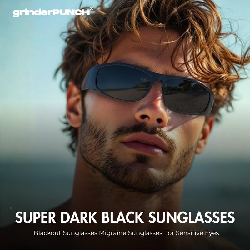 grinderPUNCH Super Dark Polarized Black Sunglasses | Biker Style Rider | Wrap Around Style Lightweight UV Protection - Image 3