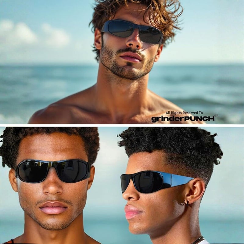 grinderPUNCH Super Dark Polarized Black Sunglasses | Biker Style Rider | Wrap Around Style Lightweight UV Protection - Image 2