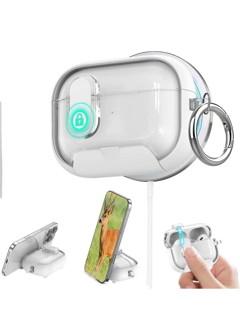 الخامس لطيفة غلاف شفاف لسماعة AirPods الجيل الرابع بقفل أمان، مزود بحامل جوال وتقنية ماجسيف، فتح تلقائي، تصميم حماية مزدوجة - لون أبيض - Image 1