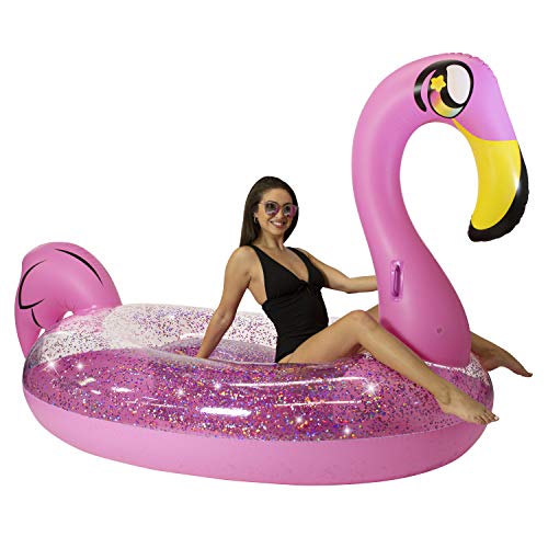 PoolCandy Gigantic Pink Glitter Flamingo Inflatable Pool Raft 120 Inch Giant Float for 23 Adults Heavy Duty PVC Swim Platform for Pool Lake Beach Parties Tropical Lounger Supports Up to 450 lbs - Image 1