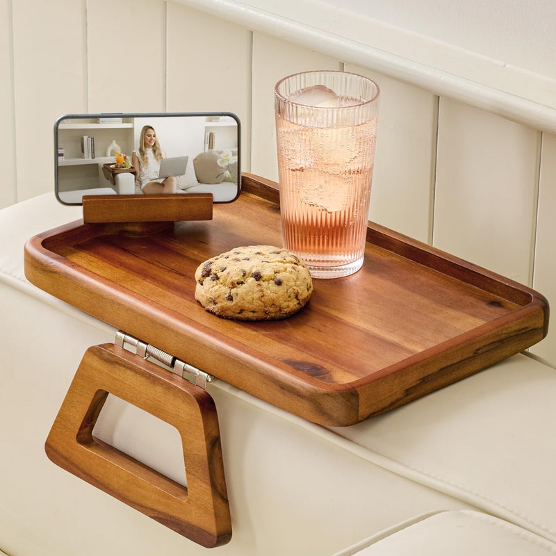 Tinamo Acacia Wood Sofa Armrest Tray with Phone Holder  Large Sofa Arm Tray Table Clip  Couch Arm Table for Wide Couches  Wooden Side Tables for Small Spaces for Eating and Drink138 x 95 x 1