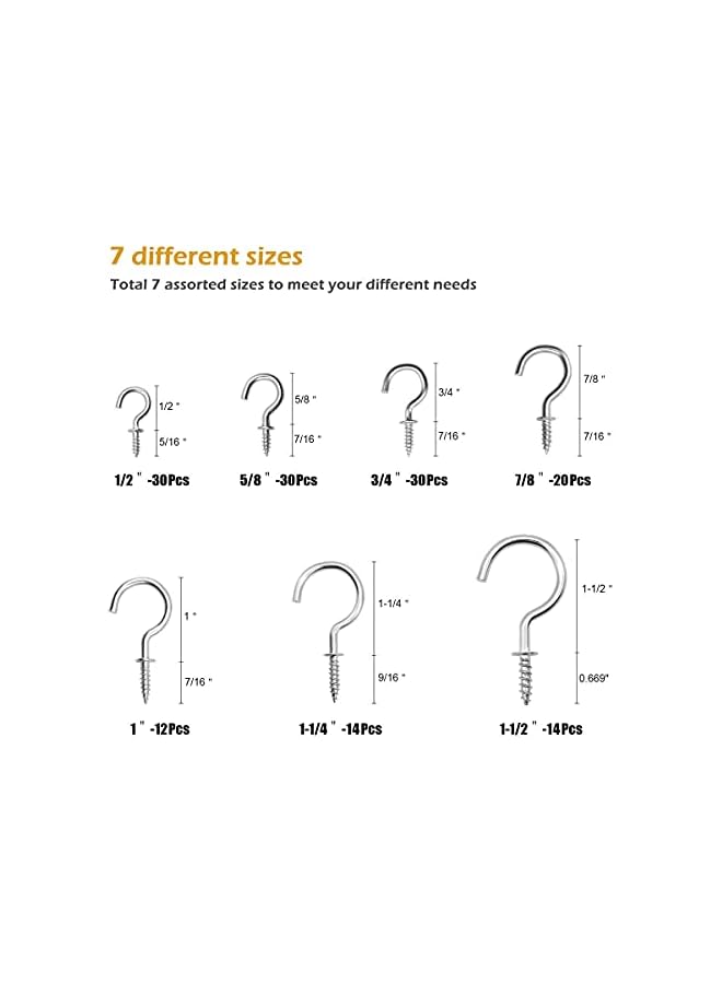 promass Shayfeer 150 Pieces Screw Hooks, Metal Screw-in Ceiling Hook for Hanging Cups, Keys, Towels, Clothes, Kitchen Utensils, 7 Sizes - Image 2