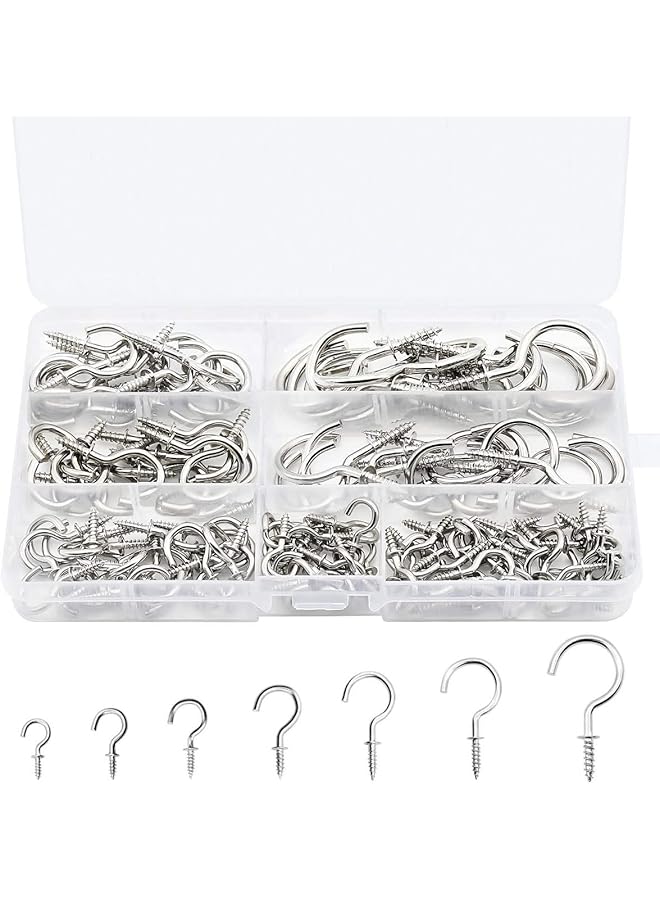 promass Shayfeer 150 Pieces Screw Hooks, Metal Screw-in Ceiling Hook for Hanging Cups, Keys, Towels, Clothes, Kitchen Utensils, 7 Sizes - Image 1