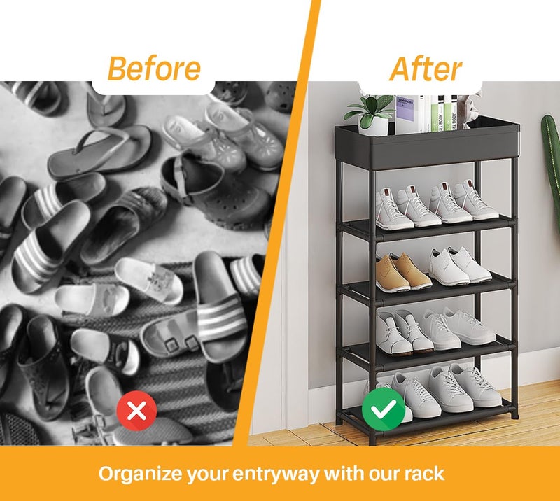 DWELLIT DWELLIT Multipurpose Shoe Rack with Open Storage Basket at top Modern Storage Rack Perfect for Home and Office Black 3 Fabric Shelves with Storage Basket at top Baked Paint Tube Frame 4 Tier - Image 3