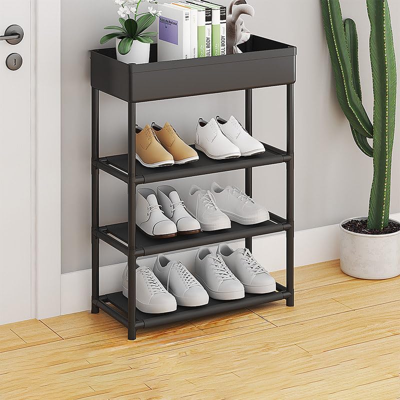 DWELLIT DWELLIT Multipurpose Shoe Rack with Open Storage Basket at top Modern Storage Rack Perfect for Home and Office Black 3 Fabric Shelves with Storage Basket at top Baked Paint Tube Frame 4 Tier - Image 1