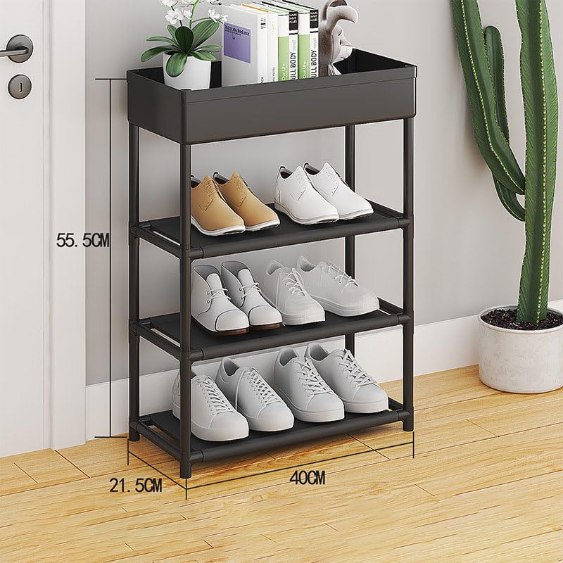 DWELLIT DWELLIT Multipurpose Shoe Rack with Open Storage Basket at top Modern Storage Rack Perfect for Home and Office Black 3 Fabric Shelves with Storage Basket at top Baked Paint Tube Frame 4 Tier - Image 4