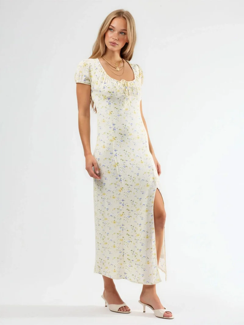 Busem BUSEM Floral U Collar Midi Dress with Tie Detail