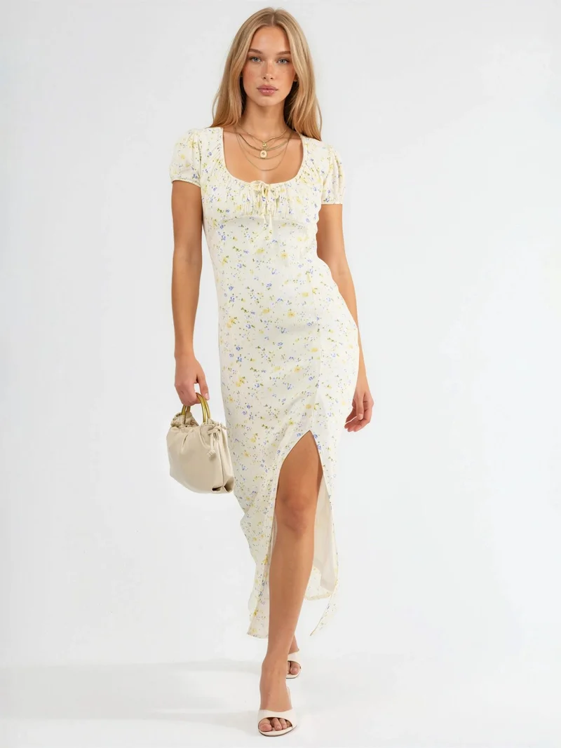 Busem BUSEM Floral U Collar Midi Dress with Tie Detail