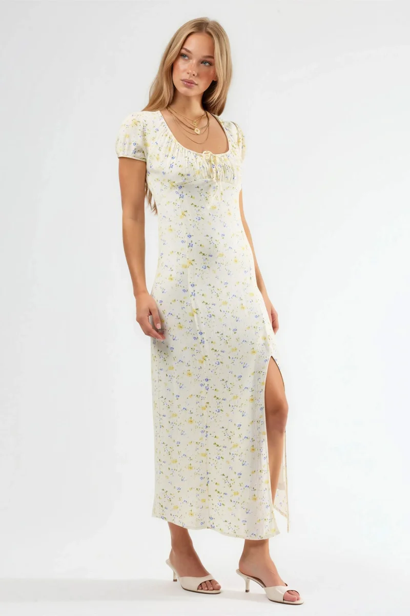 بوسيم BUSEM Floral U Collar Midi Dress with Tie Detail