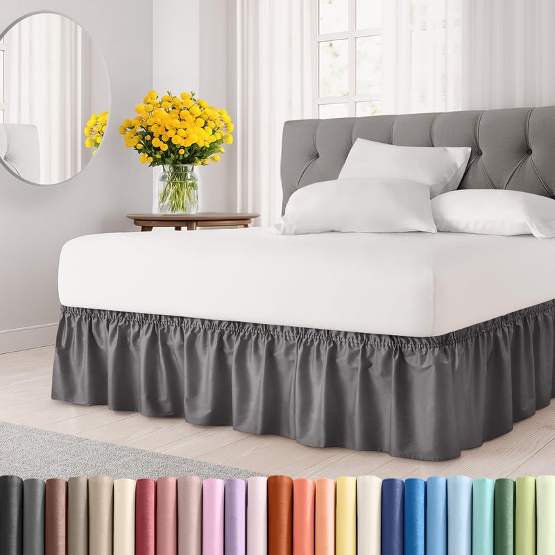 CGK Unlimited Wrap Around Dust Ruffle Bed Skirt  Dark Grey  for Twin Size Beds with 15 Inch Drop  Elastic Strap  Adjustable Pleated Bedskirt with Brushed Fabric and Wrinkle Free  for Women Men Kids  Teens
