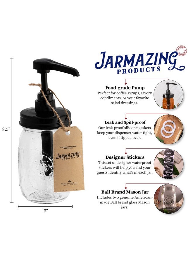 Jarmazing Products Jarmazing Products Mason Jar Syrup Dispenser - Set of 2 - 16 oz Ball Jars with Rust-Proof, Leak-Proof, Food Grade Pumps for Honey, Syrups, Condiments, Salad Dressings and More  - Image 2