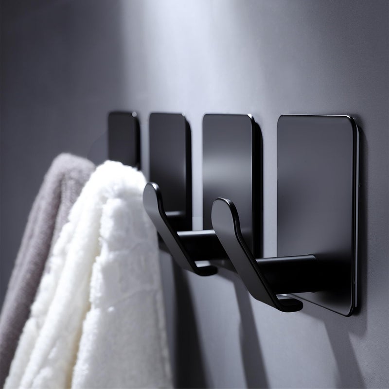 DELITON 4 Pack Adhesive Hooks - Towel Hook for Hanging Towels, Clothes and Bags, Matte Black Stainless Steel, Stick on Wall for Bathroom and Kitchen - Image 3