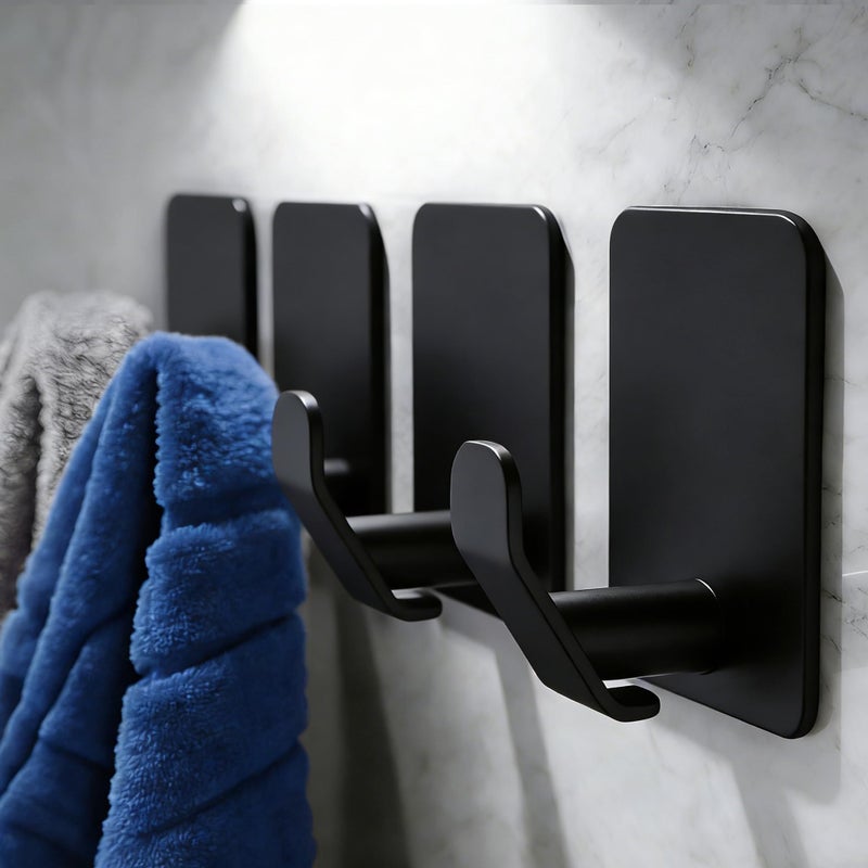DELITON 4 Pack Adhesive Hooks - Towel Hook for Hanging Towels, Clothes and Bags, Matte Black Stainless Steel, Stick on Wall for Bathroom and Kitchen - Image 1
