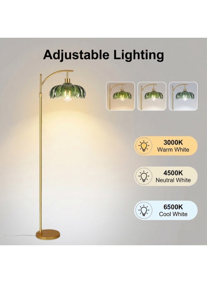 Gold Arc Floor Lamp with Green Glass Flower Shade, Dimmable, Height Adjustable, Vintage Boho Style for Living Room or Bedroom - Image 3