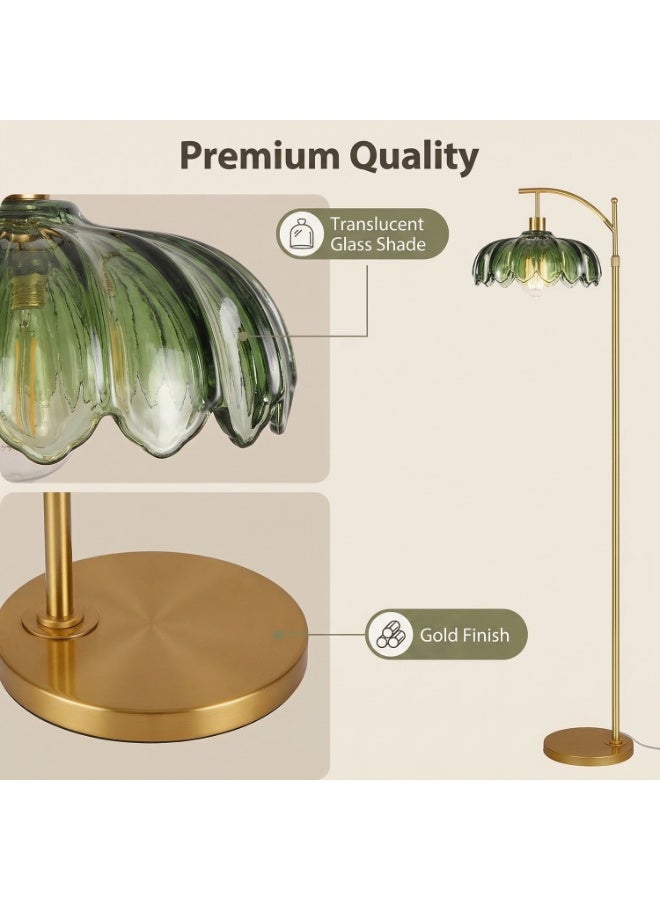 Gold Arc Floor Lamp with Green Glass Flower Shade, Dimmable, Height Adjustable, Vintage Boho Style for Living Room or Bedroom - Image 5