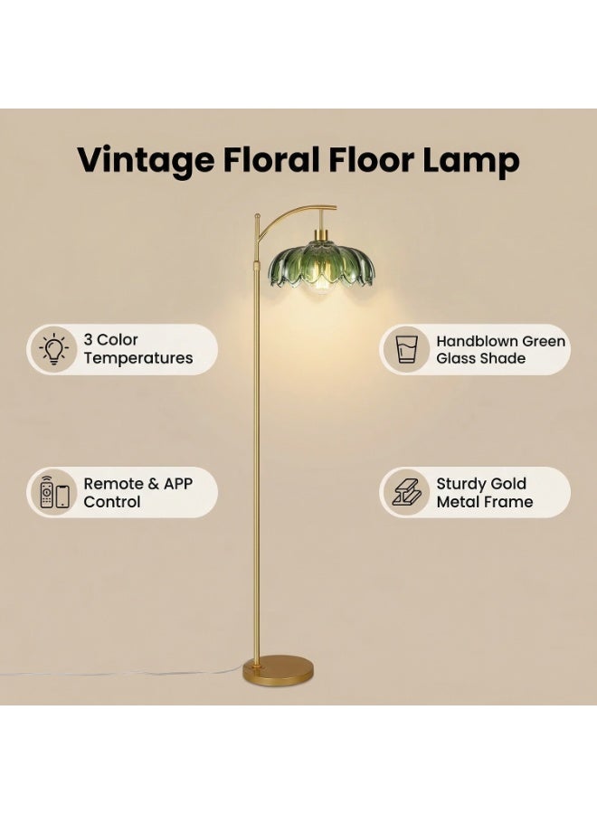 Gold Arc Floor Lamp with Green Glass Flower Shade, Dimmable, Height Adjustable, Vintage Boho Style for Living Room or Bedroom - Image 2