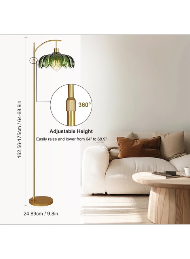 Gold Arc Floor Lamp with Green Glass Flower Shade, Dimmable, Height Adjustable, Vintage Boho Style for Living Room or Bedroom - Image 4