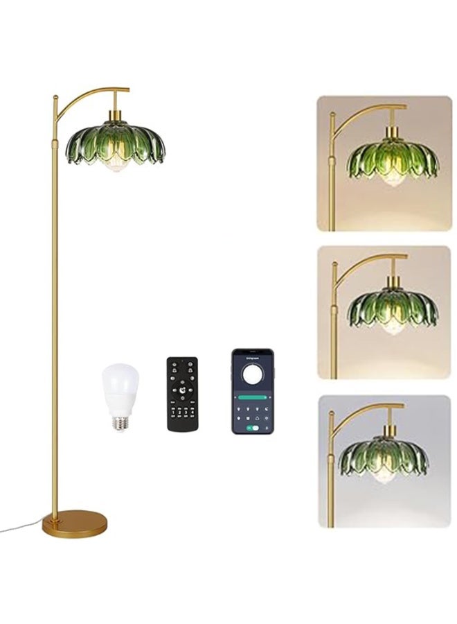 Gold Arc Floor Lamp with Green Glass Flower Shade, Dimmable, Height Adjustable, Vintage Boho Style for Living Room or Bedroom - Image 1