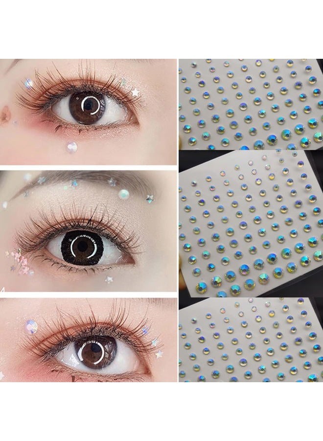 MANGOIT Eye Body Face Gems Jewels Rhinestone Stickers Acrylic Self Adhesive Crystal White AB Makeup Diamonds Face Tattoo Stick Gems for Women Festival Accessory DIY Crafts and Nail Art Decorations 3 Sheets - Image 1