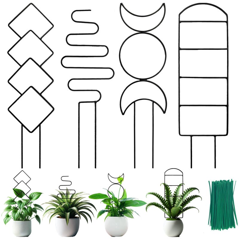 HENABLE 4 Packs Trellis for Climbing Plants Indoor, HENABLE Small Garden Metal Trellis for Potted Plants Outdoor for Vine Ivy Flower Plant Support, 4 Different Black Iron Patterns - Image 1