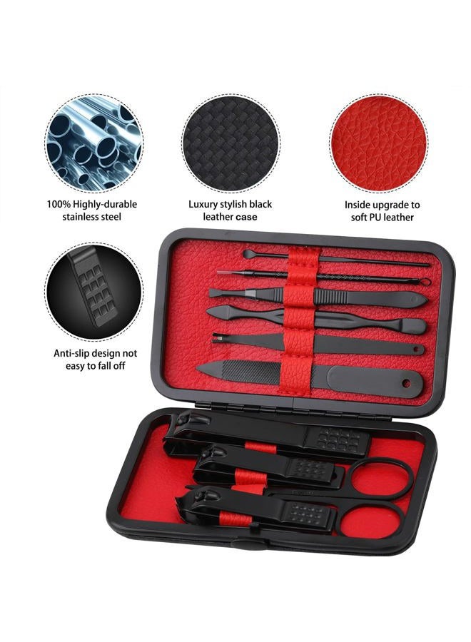 Glamne Manicure Set Nail Clippers Kit Professional Stainless Steel Nail Care Tools with Leather Travel Case 10 in 1 Black - Image 3