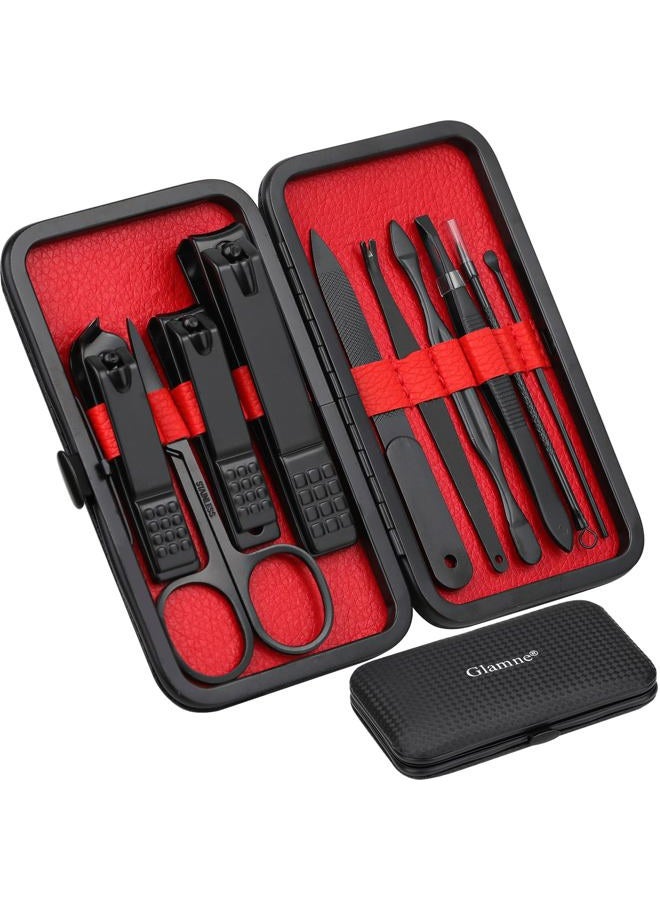 Glamne Manicure Set Nail Clippers Kit Professional Stainless Steel Nail Care Tools with Leather Travel Case 10 in 1 Black - Image 1