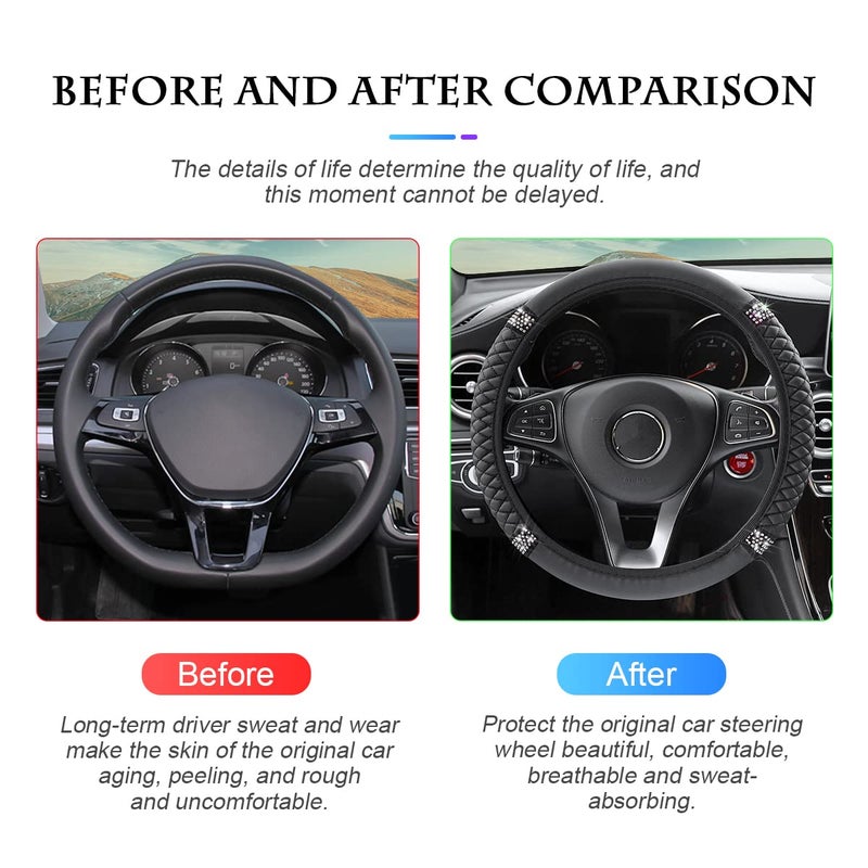 Fekey&JF Bling Soft Leather Steering Wheel Cover Protector, 15 Inch Colorful Rhinestones Auto Elastic, Sparkly Crystal Diamond for Women Girls, Car Interior Accessories for Most Cars (Black) - Image 4