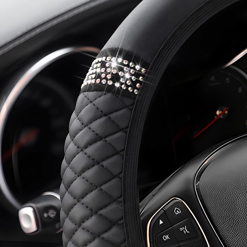 Fekey&JF Bling Soft Leather Steering Wheel Cover Protector, 15 Inch Colorful Rhinestones Auto Elastic, Sparkly Crystal Diamond for Women Girls, Car Interior Accessories for Most Cars (Black) - Image 3