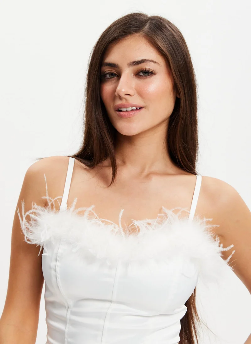 Liquorish Ostrich Feather Bandeau Top