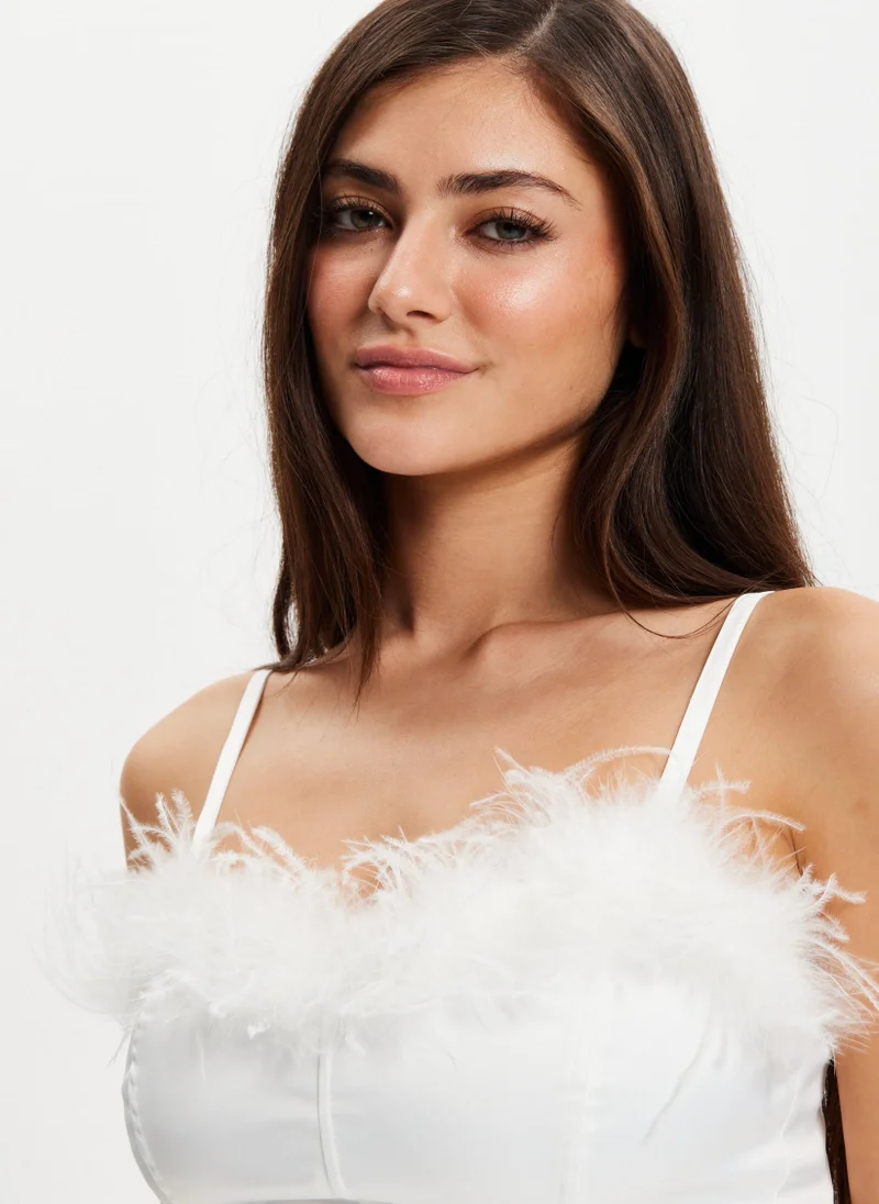 Liquorish Ostrich Feather Bandeau Top
