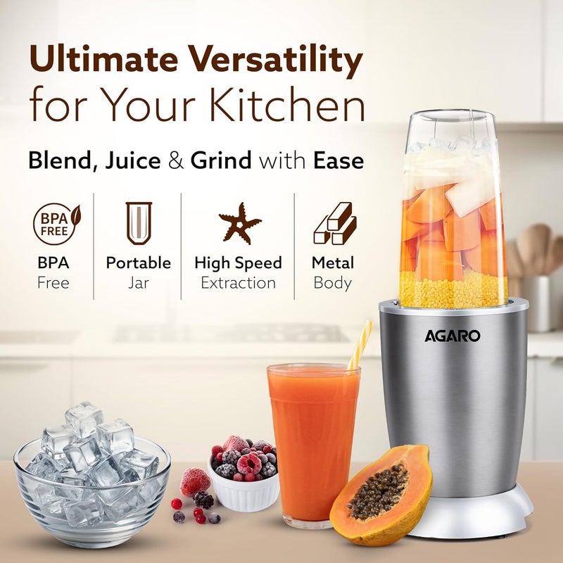 AGARO AGARO Nutri-Max Personal Blender 1000 Watts, Mixer/Grinder/Smoothie Maker, Blender for Smoothies and Juices, Stainless Steel Body, 2 Blade Sets, Wet & Dry  - Image 2