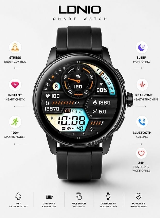 LDNIO Smartwatch with Real-Time Heart Rate & Oxygen Monitoring, Sleeping Health Monitoring, Professional Sports Modes and Intelligent Sleep Tracking in Premium Zinc Alloy Waterproof Design - Image 1