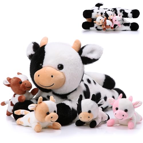 Sumind 5 Pcs Cow Stuffed Animal Set 1378 Inch Mommy Cow Plush Toy with 4 Babies Cute Calf in Her Tummy Large Highland Stuffed Animals for Toddlers Girls Boys BirthdayNovel - Image 1