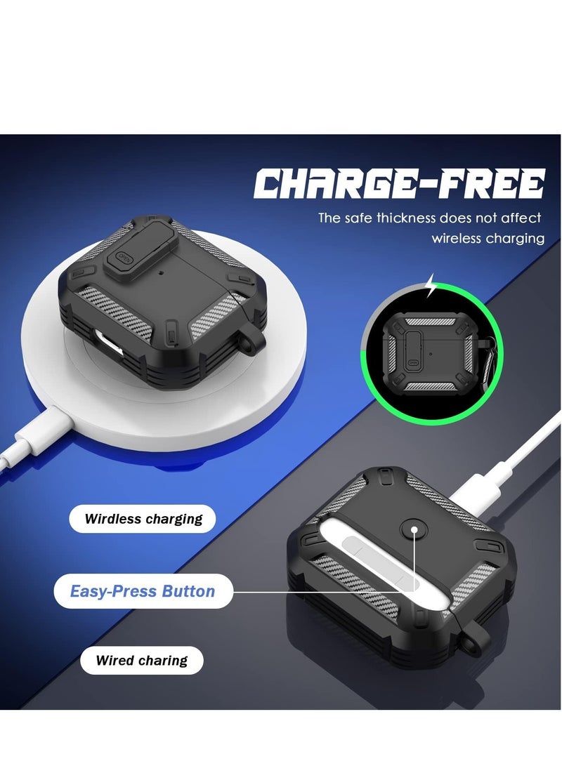 عام غطاء حافظة AirPods الجيل الثالث مع مجموعة أدوات تنظيف، درع واقٍ عسكري بغطاء صلب مع قفل لحقيبة شحن AirPod Gen 3 2024، مصباح LED أمامي مرئي، أسود - Image 3