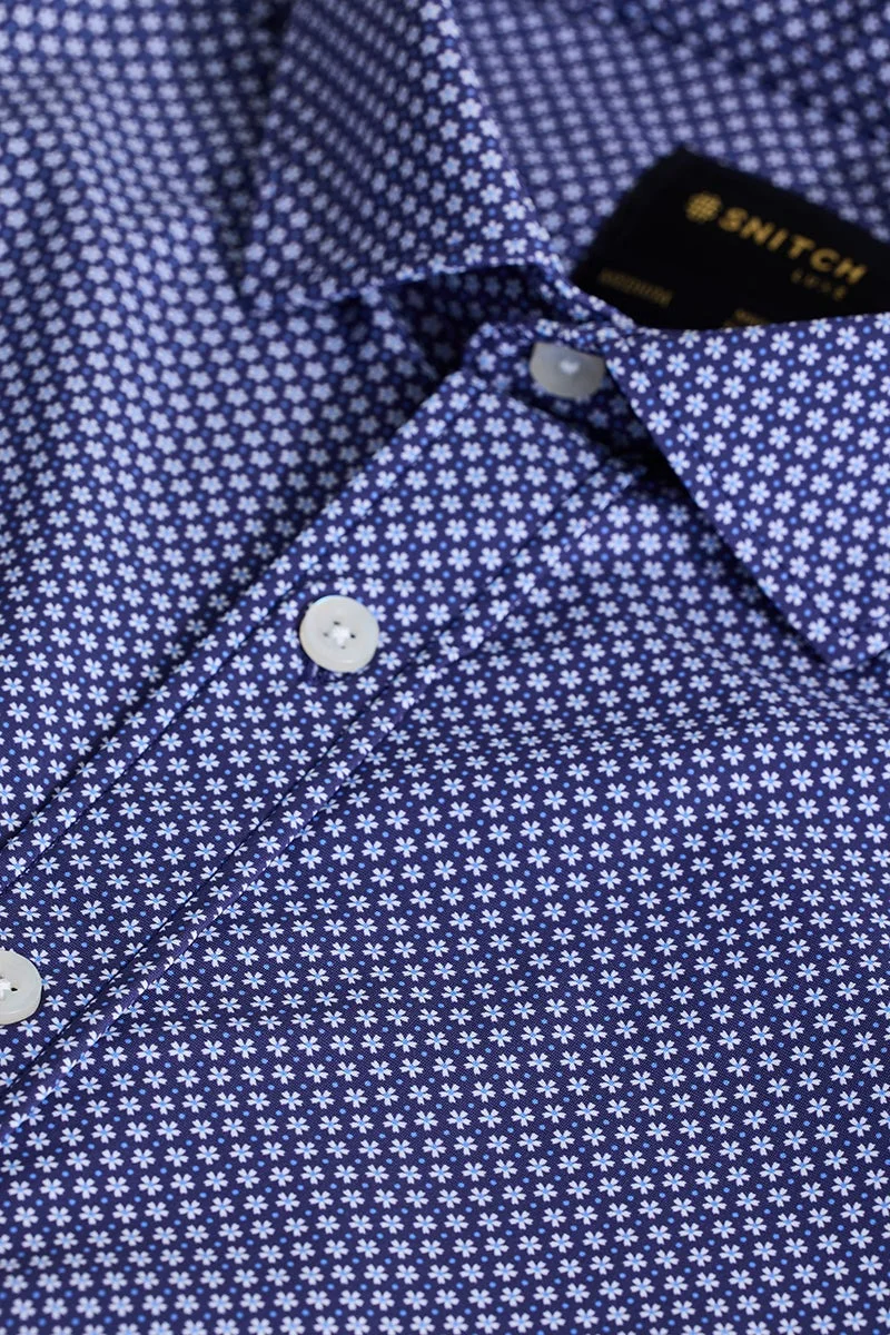 SNITCH Dark Blue Geometric Long Sleeve Slim Fit Shirt