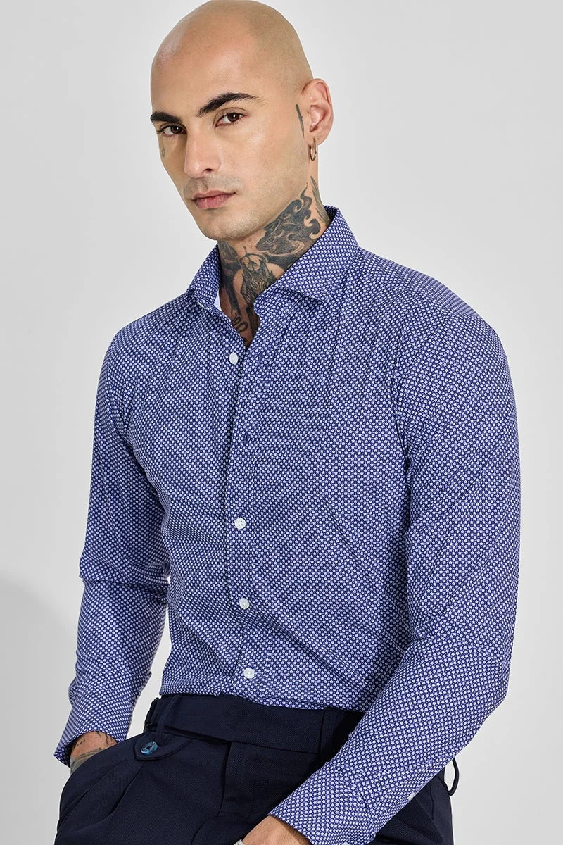 SNITCH Dark Blue Geometric Long Sleeve Slim Fit Shirt