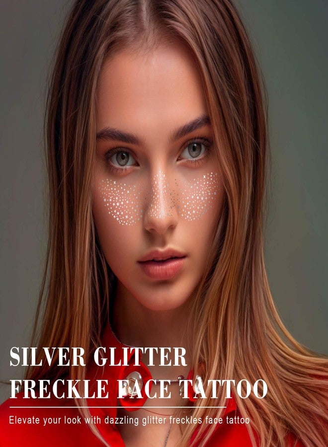 Paminify Silver Face Glitter Freckles,Waterproof Mardi gras Sparkle Freckles Glitter Face Tattoos,Sport Events Singer Concert Festival Party Metallic Sparkling Face Makeup Patches for Women Kids,6 Pcs - Image 2
