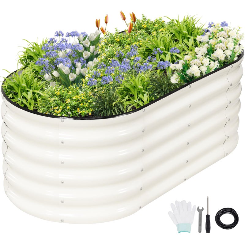 Permade Galvanized Raised Garden Bed - 4x2x1.4FT Metal Planter Boxes Outdoor | Oval Steel Raised Bed Kit for Gardening with Protective Tape, Gloves for Vegetables, Flower, Herb (White) - Image 1