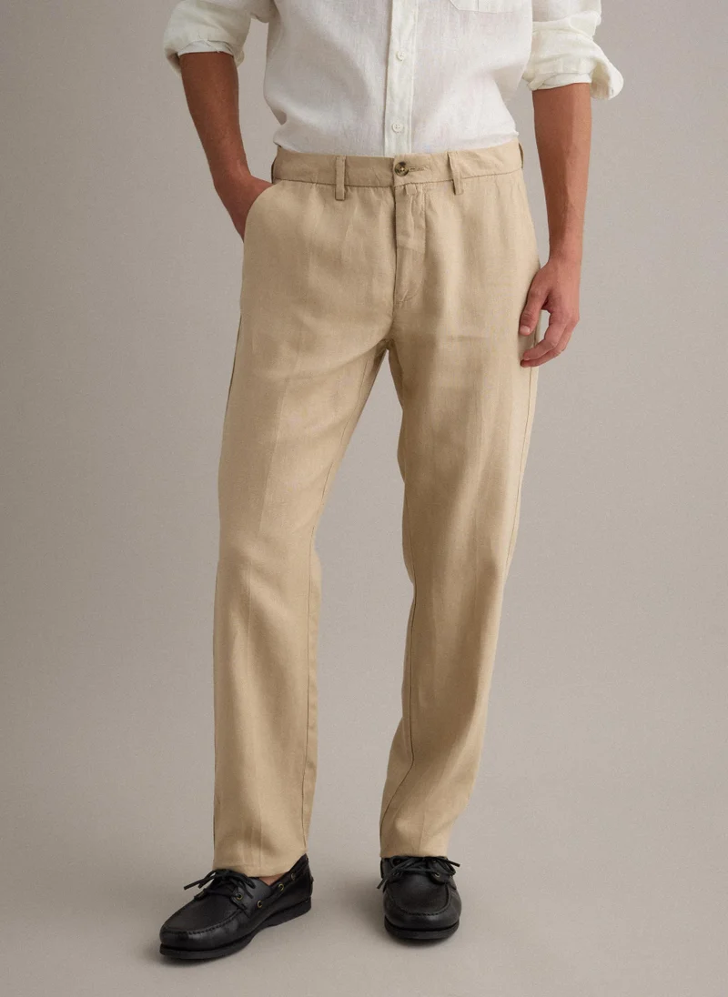 او في اس OVS Beige Pure Linen Chino Trousers, Regular Fit