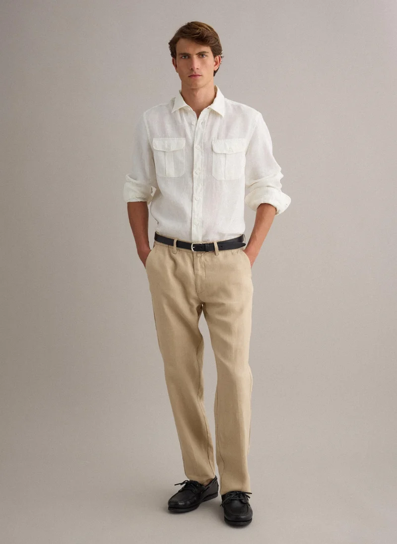 او في اس OVS Beige Pure Linen Chino Trousers, Regular Fit