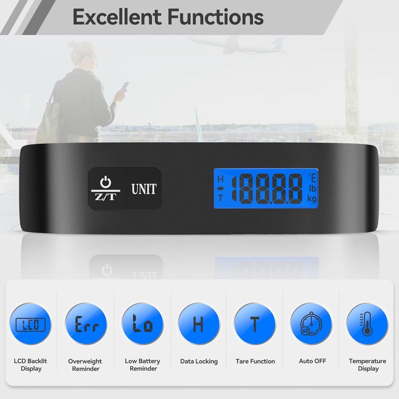 Dr.Meter Luggage Scale, Travel Essentials, Digital Backlight LCD Display Handheld Suitcase Scales for Travel Accessories with Rubber Paint, Temperature Sensor 110 Pounds, Battery Included, Black - Image 2