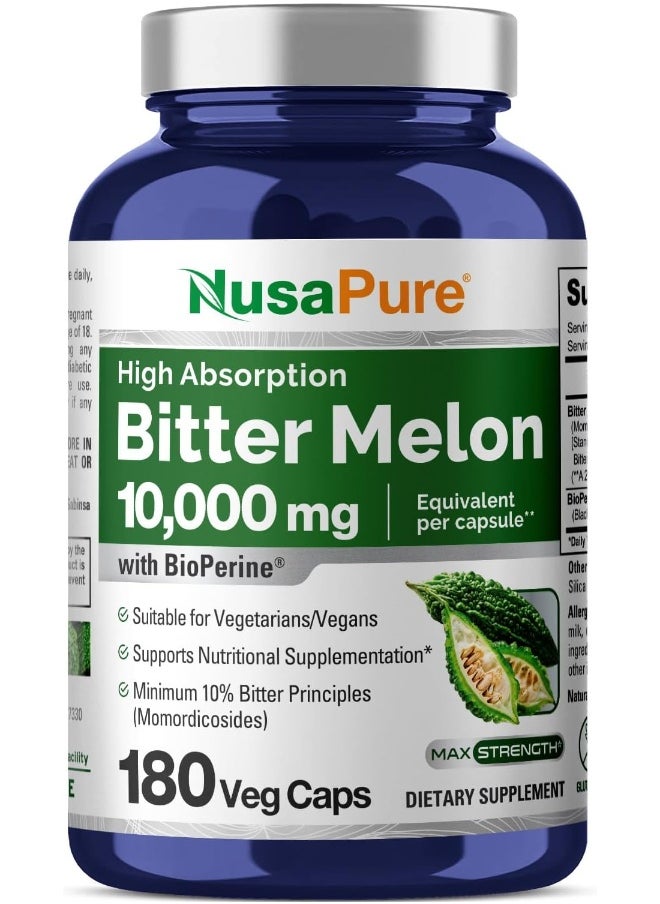 NusaPure NusaPure Bitter Melon Extract 10,000 mg 180 Vegan Caps (100% Vegetarian, Non-GMO, Gluten-Free & 10% Bitter Principles) with Bioperine  - Image 1