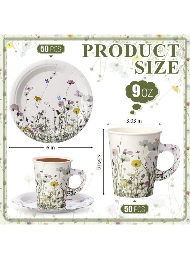 Rtteri 50 Sets Floral Paper Tea Cups and Saucers Disposable Tea Party Supplies 9oz Spring Wildflowers Tea Cups with Handle and Plates for Wedding Birthday Baby Shower Ladies Party - Image 2