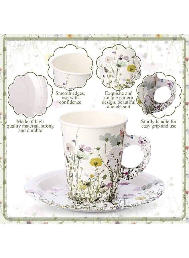 Rtteri 50 Sets Floral Paper Tea Cups and Saucers Disposable Tea Party Supplies 9oz Spring Wildflowers Tea Cups with Handle and Plates for Wedding Birthday Baby Shower Ladies Party - Image 3