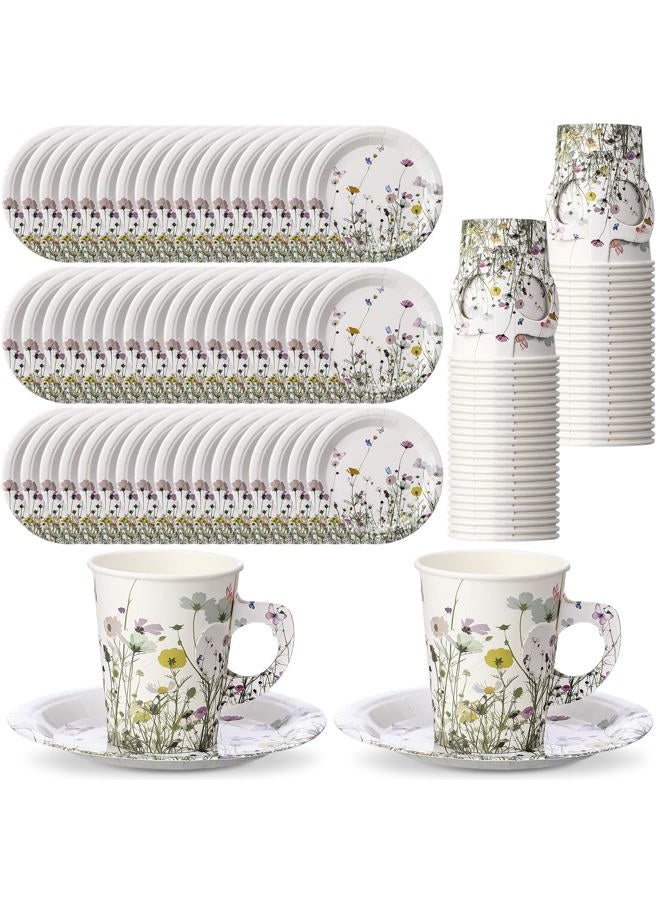 Rtteri 50 Sets Floral Paper Tea Cups and Saucers Disposable Tea Party Supplies 9oz Spring Wildflowers Tea Cups with Handle and Plates for Wedding Birthday Baby Shower Ladies Party - Image 1