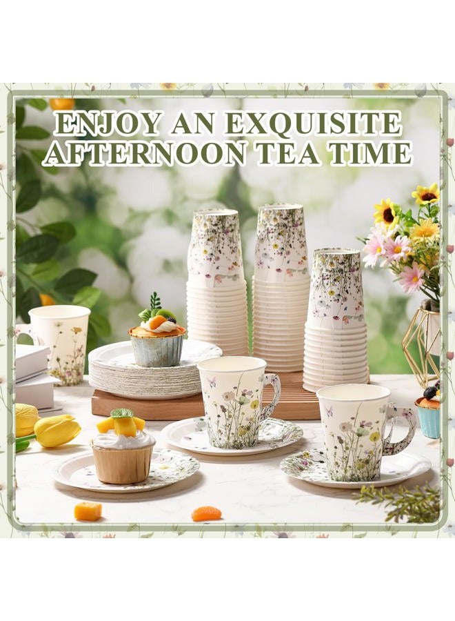 Rtteri 50 Sets Floral Paper Tea Cups and Saucers Disposable Tea Party Supplies 9oz Spring Wildflowers Tea Cups with Handle and Plates for Wedding Birthday Baby Shower Ladies Party - Image 4