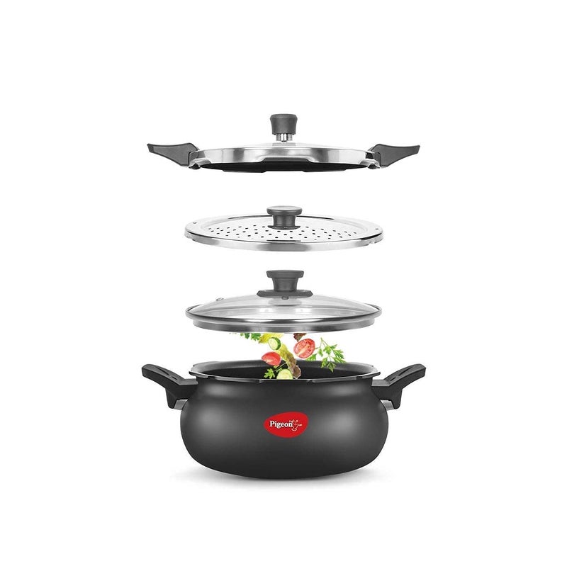 pigeon Pigeon 53 Quart AllInOne Super Cooker  Steamer Cooking Pot Pressure Cooker Dutch Oven  For All Cooktops  Quick Cooking of Meat Soup Rice Beans Idli  more Hard Anodized 5 Liters 