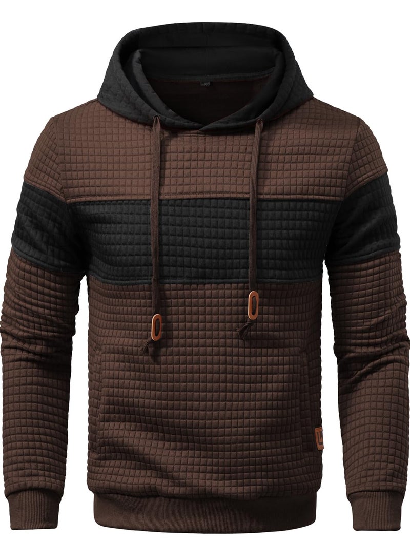 Qichic Menâ€™s Sweatshirts Long Sleeve Pullover Patchwork Plaid Jacquard Hoodie Casual Drawstring Hoody Top Brown M - Image 3