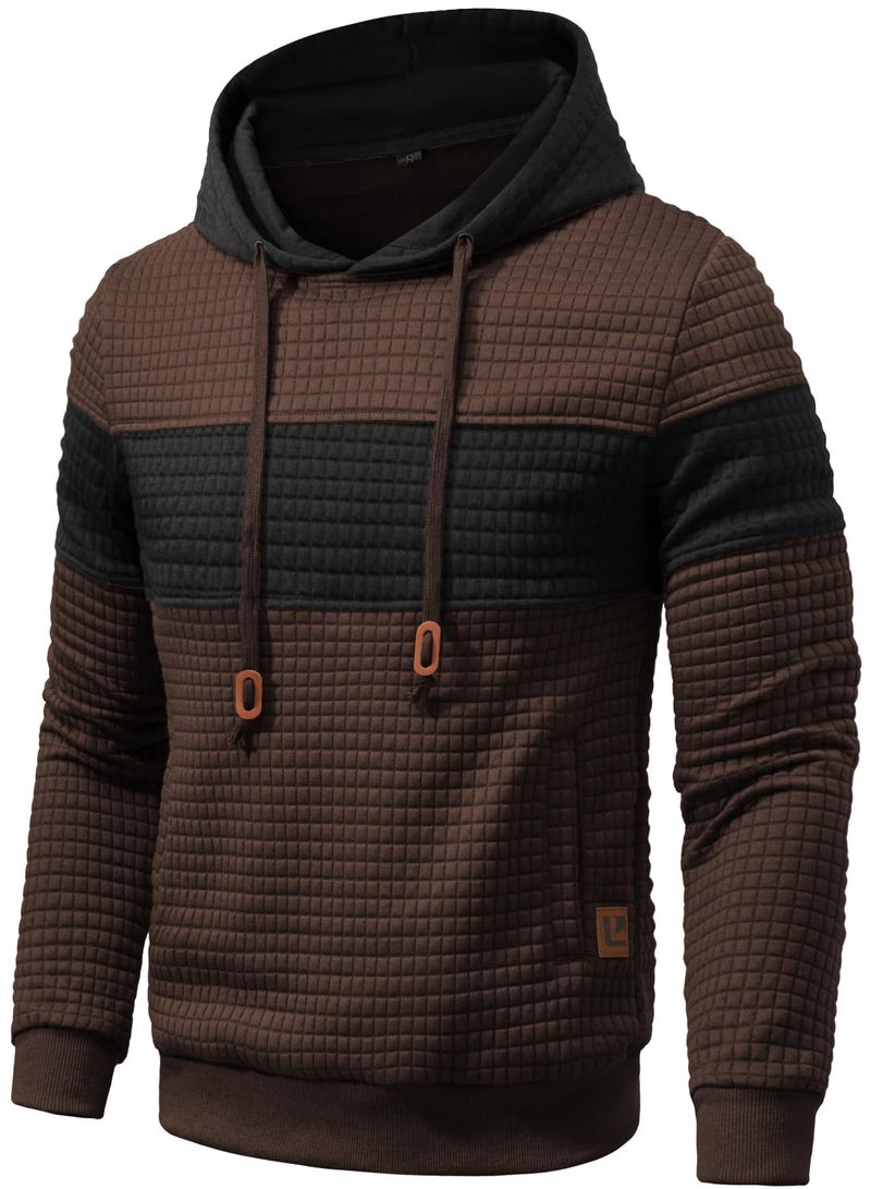 Qichic Menâ€™s Sweatshirts Long Sleeve Pullover Patchwork Plaid Jacquard Hoodie Casual Drawstring Hoody Top Brown M - Image 1